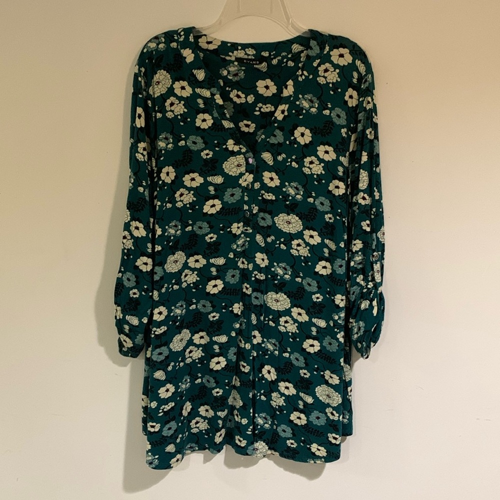 Long Sleeve Button V Neck Teal Floral Blouse, Women’s Size 22/24
